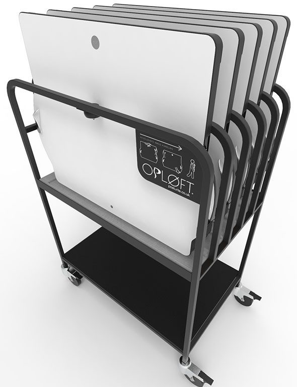 The Opløft storage rack holds 5 Opløft sit-stand desks.